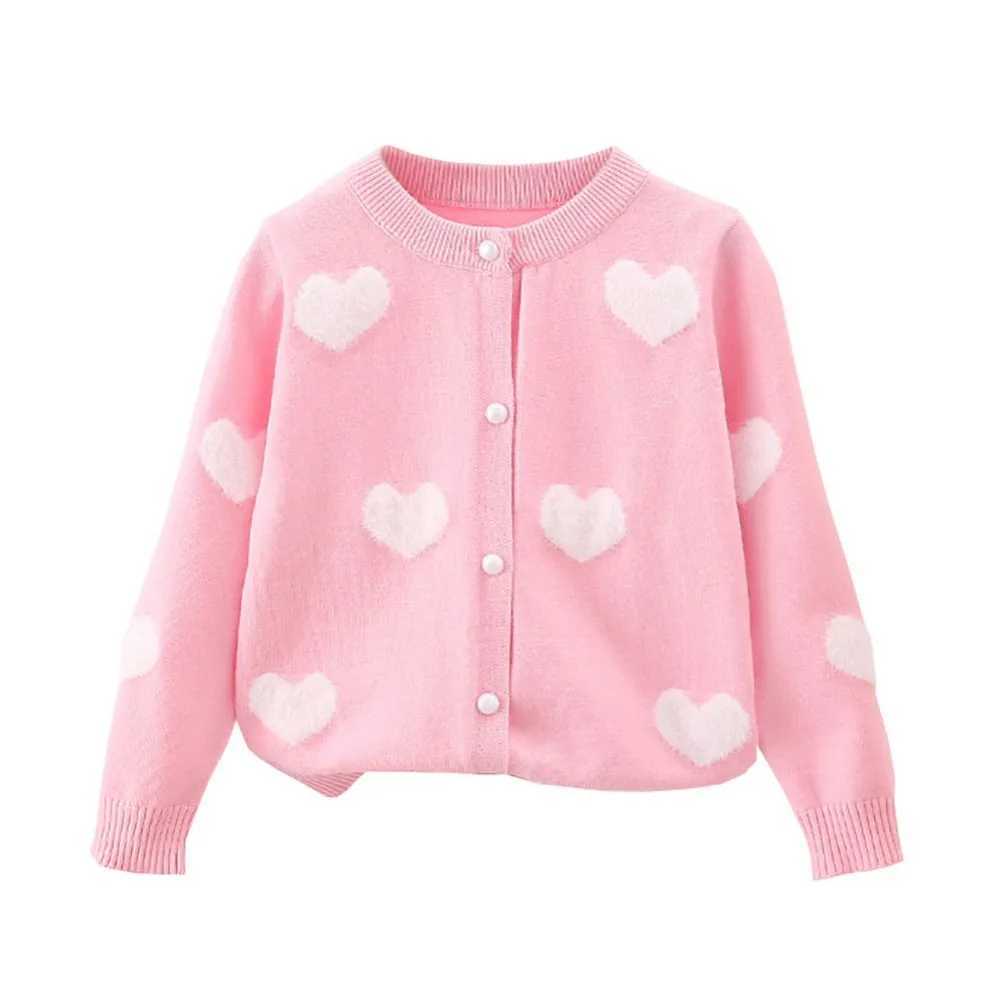 Girls heart-shaped printed round neck sweater cardigan childrens plush knitted long sleeved cardigan jacket girls clothingW240824