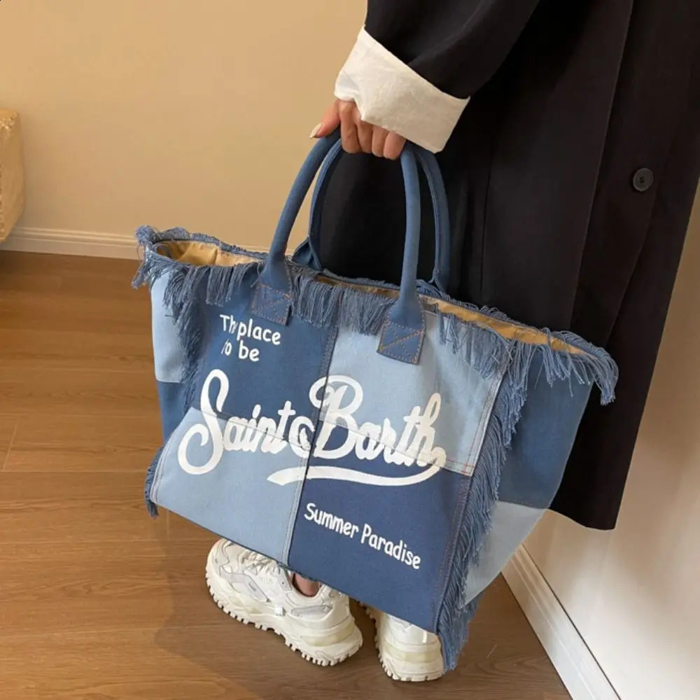 Tassel Women Canvas Bag Large Capacity High Quality Beach Tote Bag Letter Simple Style Casual Shoulder Bag Travel 240826