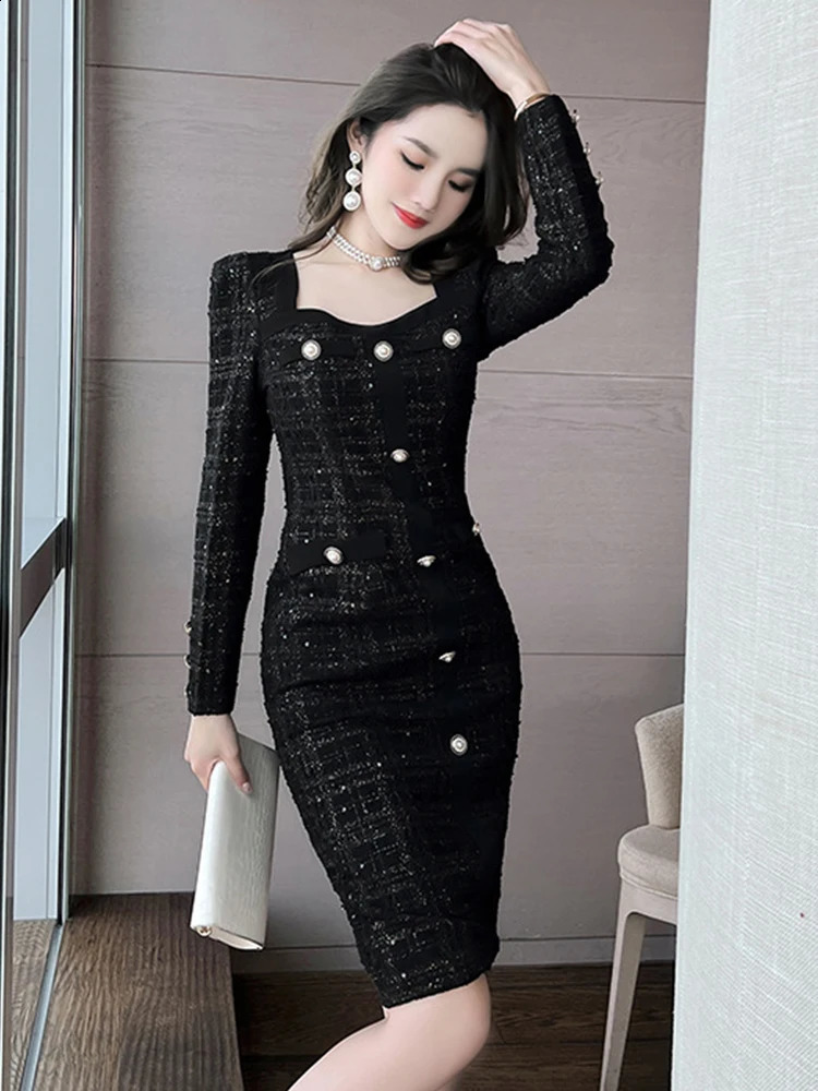 Elegant Midi Dresses for Women Tweed Plaid Square Collar Long Sleeve Slim Bodycon Robe Femme Party Office Vestidos 240824