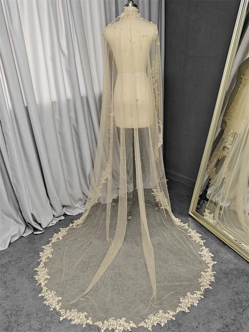 Mantilla Pearls Wedding Veil with Hidden Comb 3m Lace Appliques Bridal Veil Mantilla Veil Wedding Accessories Custom Made