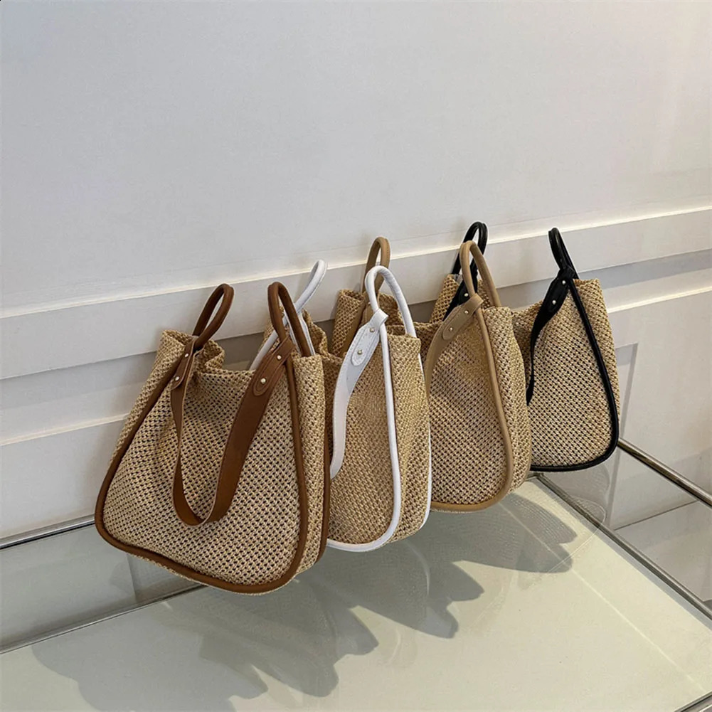 Women Fashion Beach Tote Bag Soft PU Leather Woven Shoulder Hollow Out Composite Large Capacity with Wallet Shopping 240826