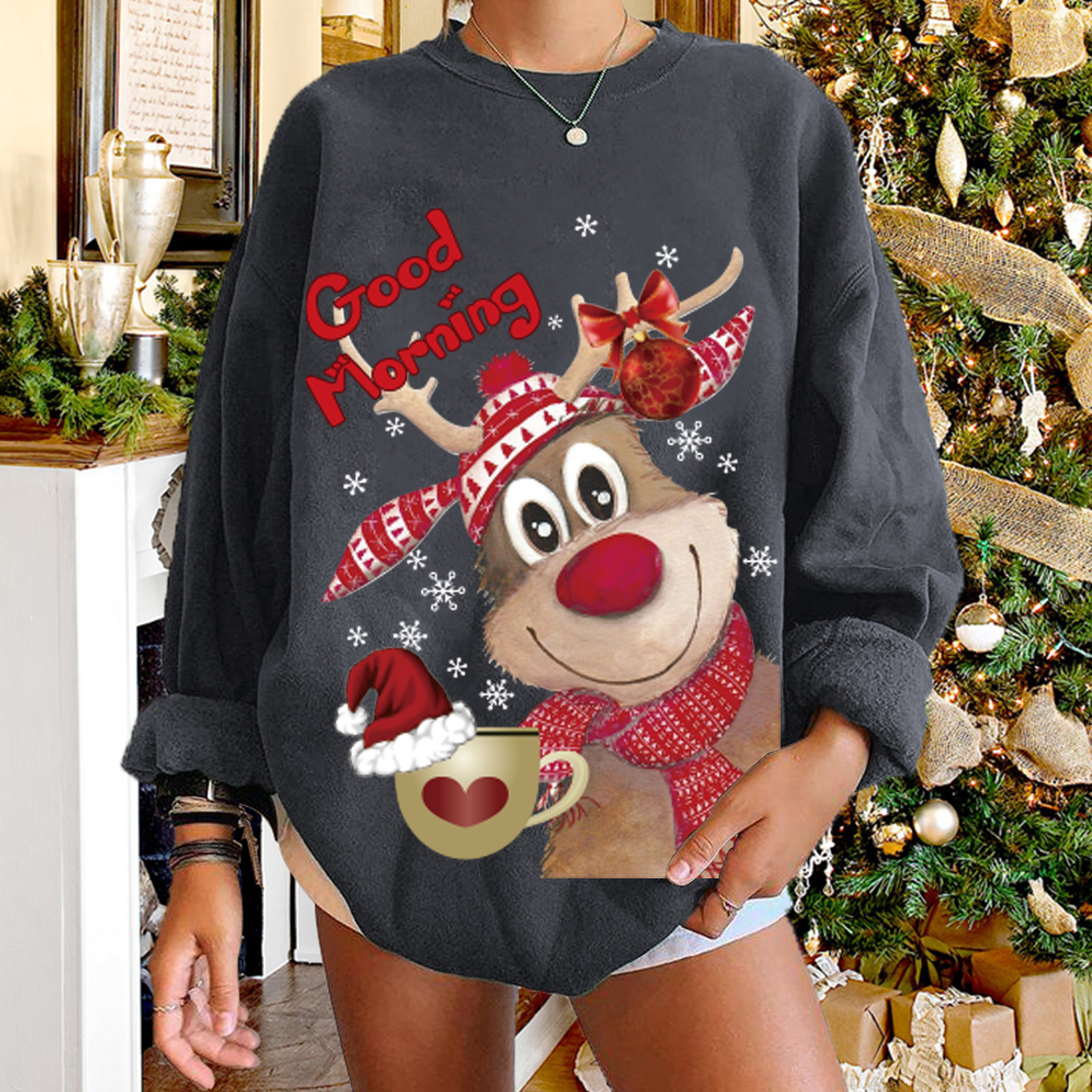 Good Morning ins Wind Elk Print Shoulder Drop Large Round Neck Fleece Sweater Women's dongdumaoyi