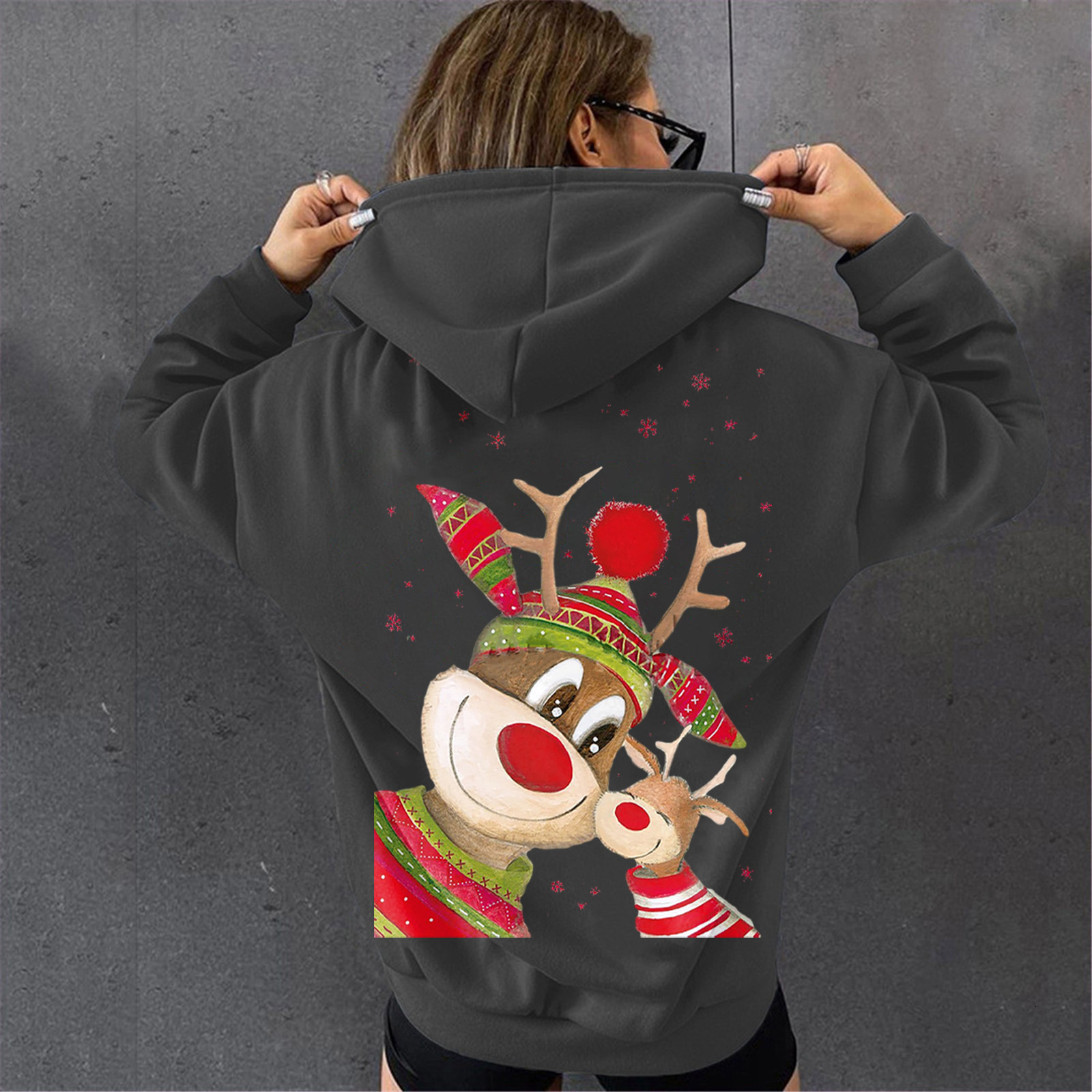 Women's hooded Christmas two deer print fleece sweatshirt, women's cotton jacket dongdumaoyi