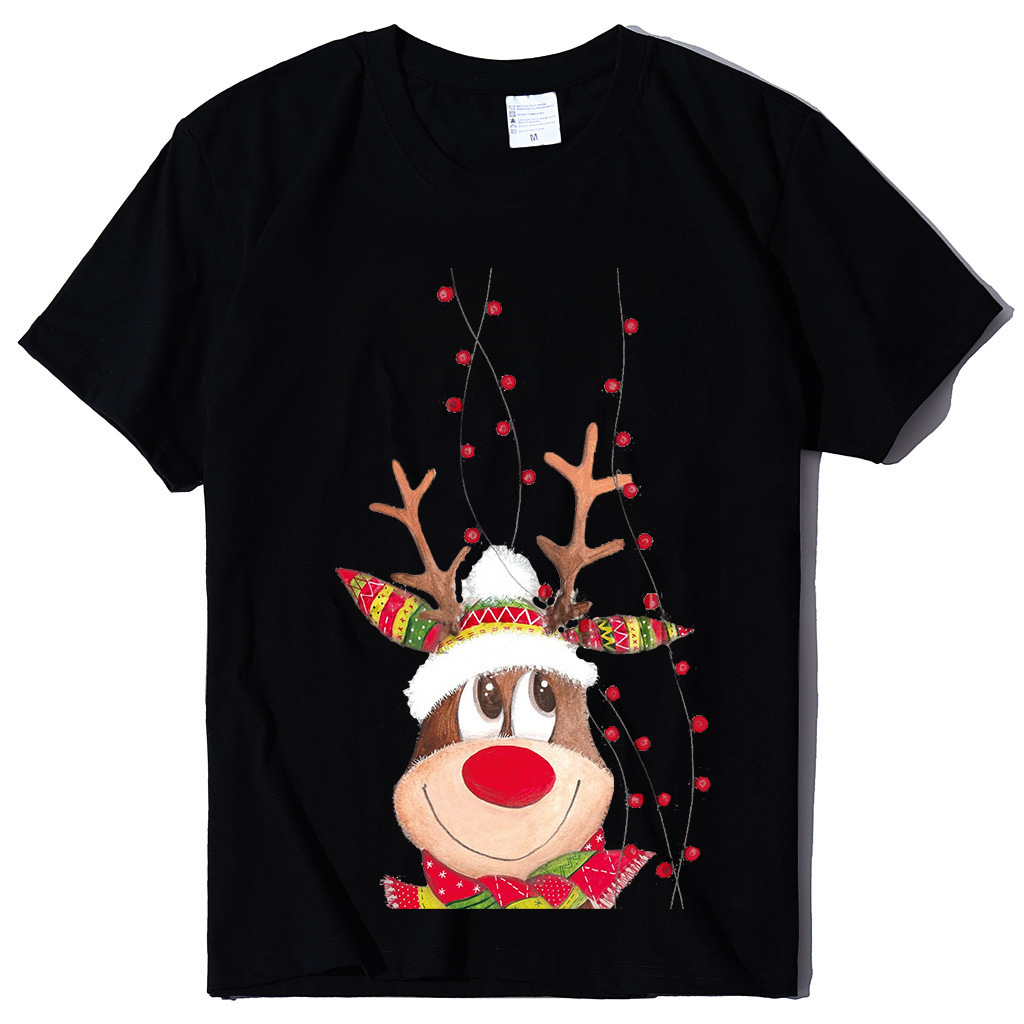 European Christmas reindeer print women's short sleeved T-shirt loose plus size top dongdumaoyi
