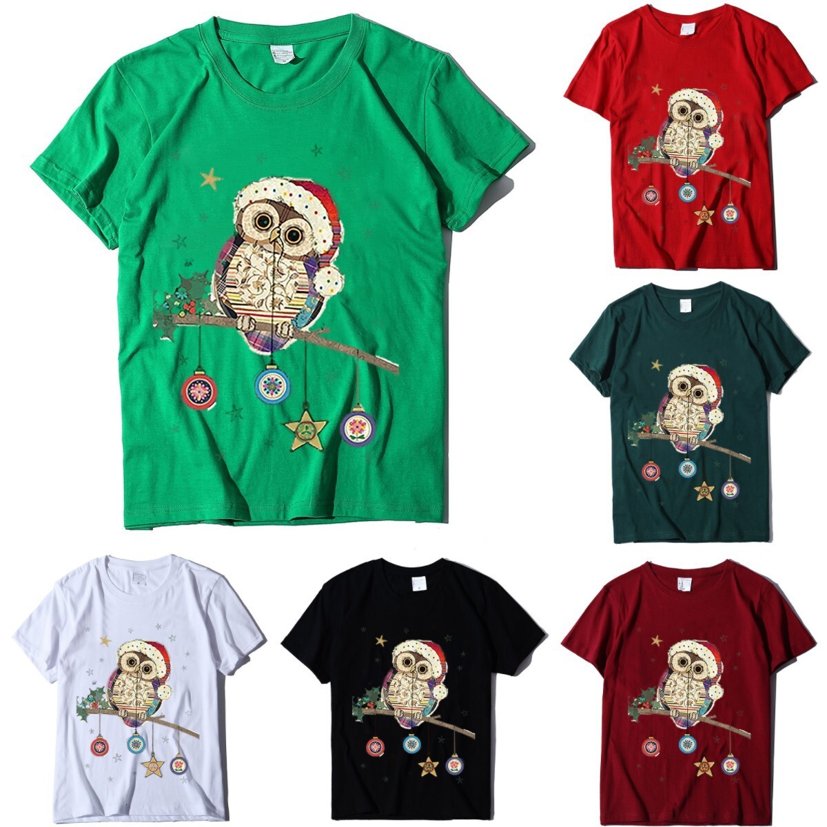 Short T-shirt for women, European size owl print T-shirt, round neck Christmas short sleeved shirt dongdumaoyi