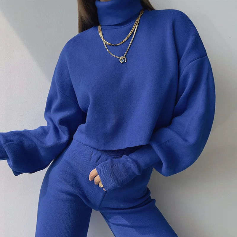 Autumn Winter Solid Ribbed Knitted Set Women Casual Turtleneck Pullover Pants Homewear Suit Retro Two Piece Outfits with Glove 240826