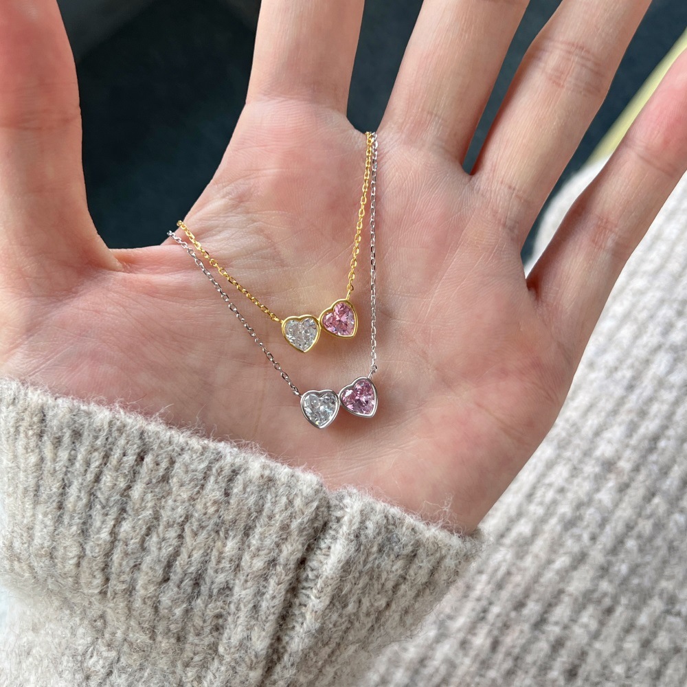 New S pure light high-end heart-shaped princess pink diamond droplet pear shaped colored zircon sier jewelry
