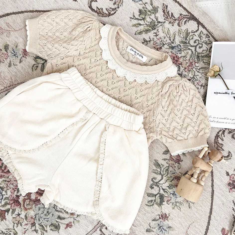 DEER JONMI 2024 Summer Baby Girl Thin Knitted Sweater Solid Color Short Sleeve Korean Style Toddler Pulley TopW240824