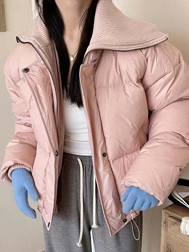 Winter Women Knitted Collar Down Jacket Short Loose Thin Fashion Thick White Duck Down Coat Fashionable Outerwear 240824