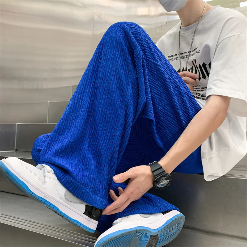 Summer Ice Silk Pants Men Fashion Oversized Wide Leg Pants Men Japanese Streetwear Hip Hop Loose Pleated Pants Mens Trousers 240826