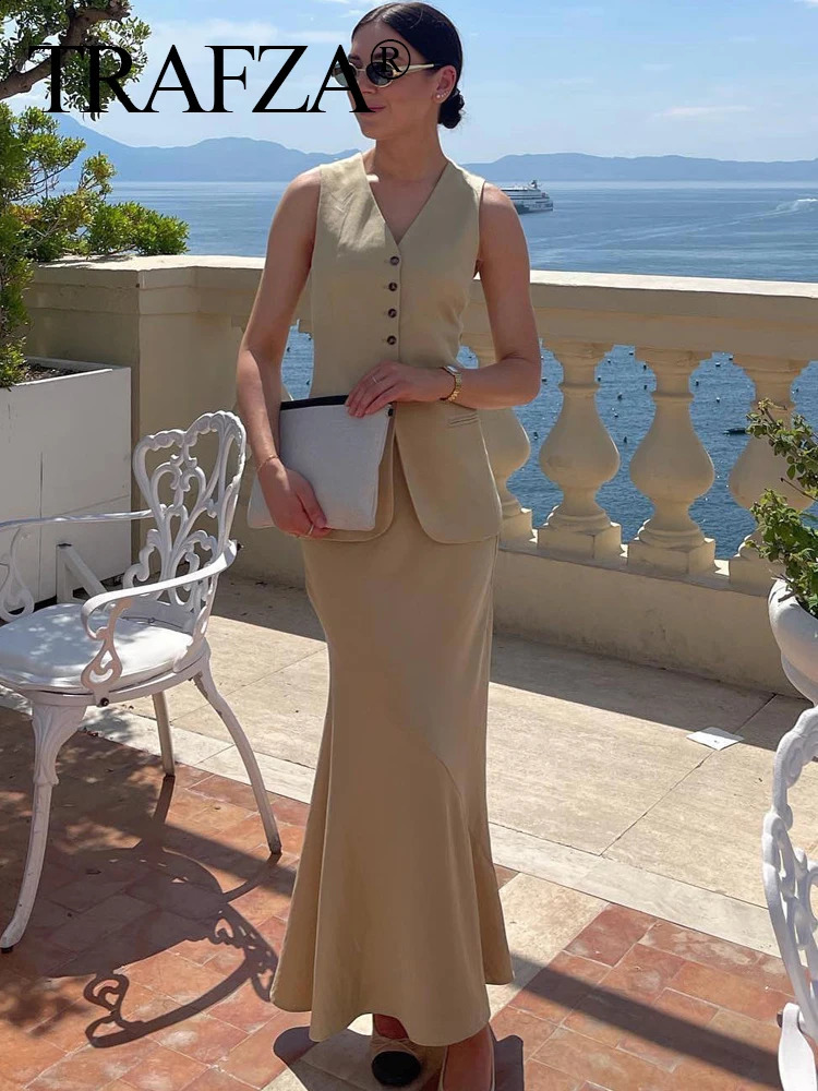 TRAFZA Women Vest Skirt Sets Female Khaki Long Blazer Vest V Neck Sleeveless Slim TopElegant High Waist A Line Skirt Suit TRAF 240826