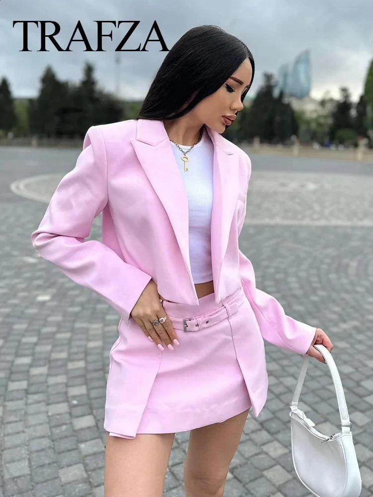 TRAFZA Women Casual Blazer Skirt Set Solid Thin Long Sleeve TopZipper Belt Fold Mini Skirt Shorts Office Lady 2 Piece Sets 240826