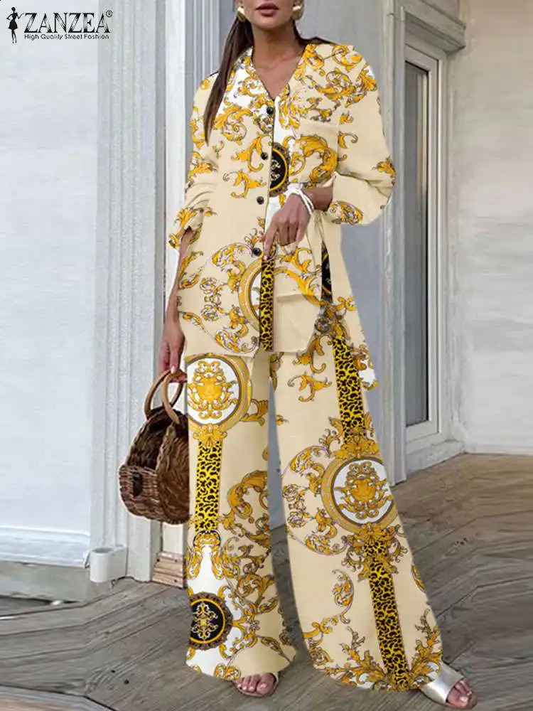ZANZEA Casual Loose 2pcs Pantsuits Women Vintage Printing Side Slit Long Shirt Outfits Commtuing Wide Leg Trouser Pant Sets 240826