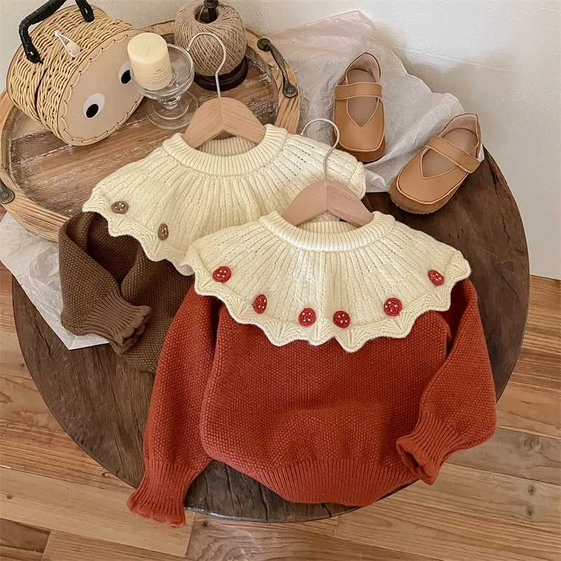 Girls Sweater 2024 Autumn/Winter Korean Edition Fashion Ruffle Collar Childrens Girls Retro Knitted Splicing Thick Baby Girls TopW240824