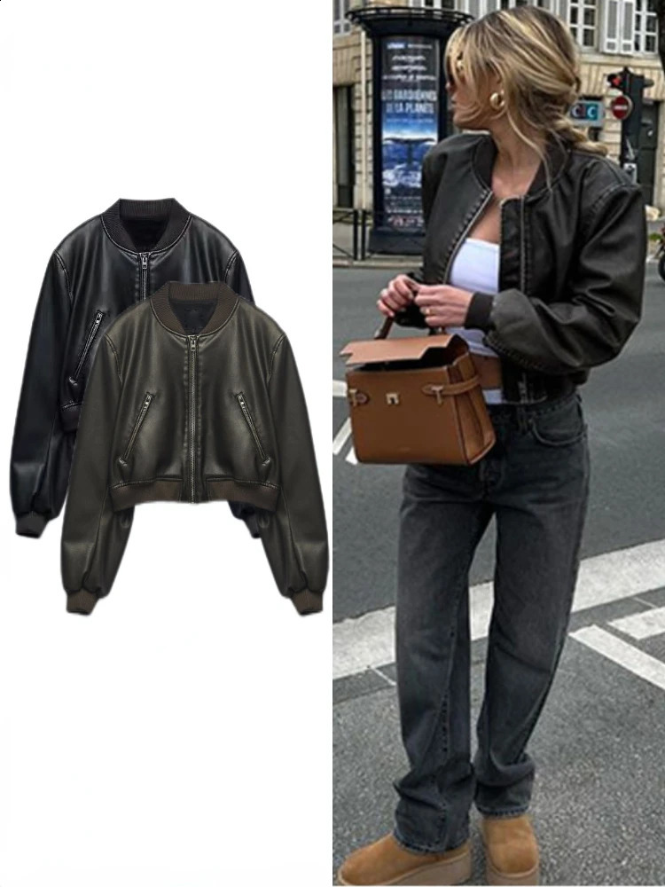 Womens washed gradient leather round neck long sleeved loose jacket with zipper short jacket artificial leather bomber motorcycle PU jacket top 240826