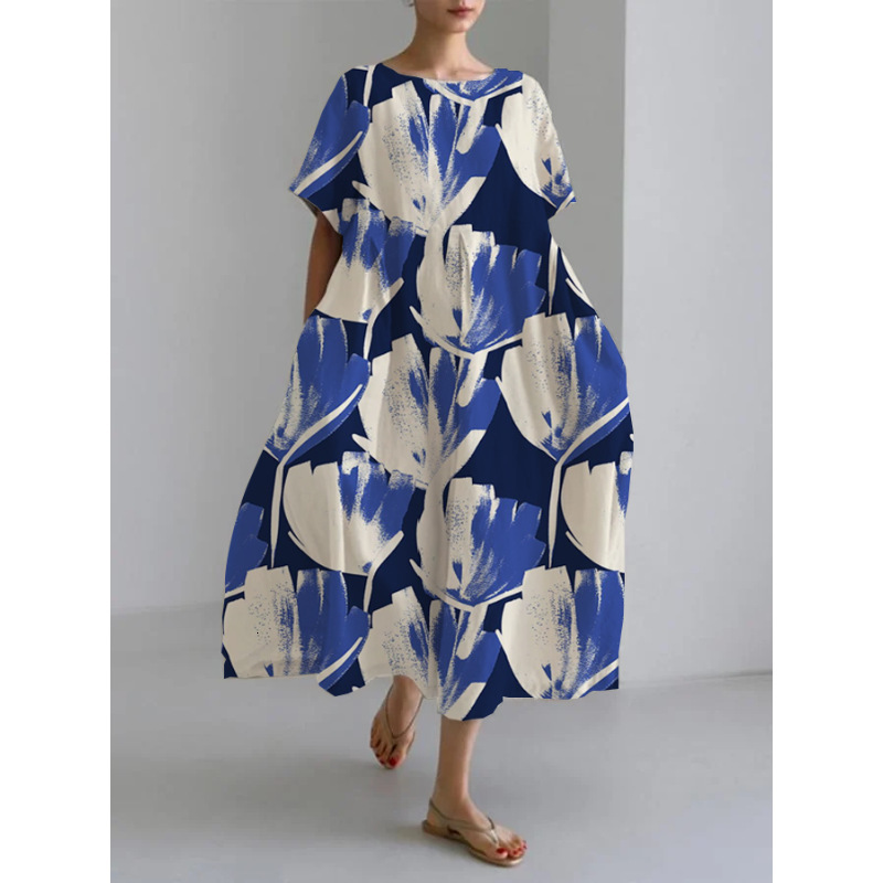 Summer New Womens Loose Round Neck Fashionable High End Short Sleeve Printed Dress