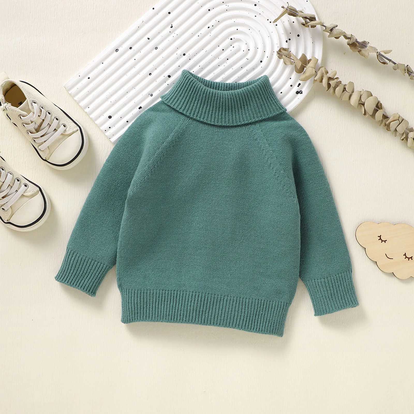 Baby sweater casual boys and girls solid knit cable turtle neck soft and warm baby high neck childrens pullerW240824