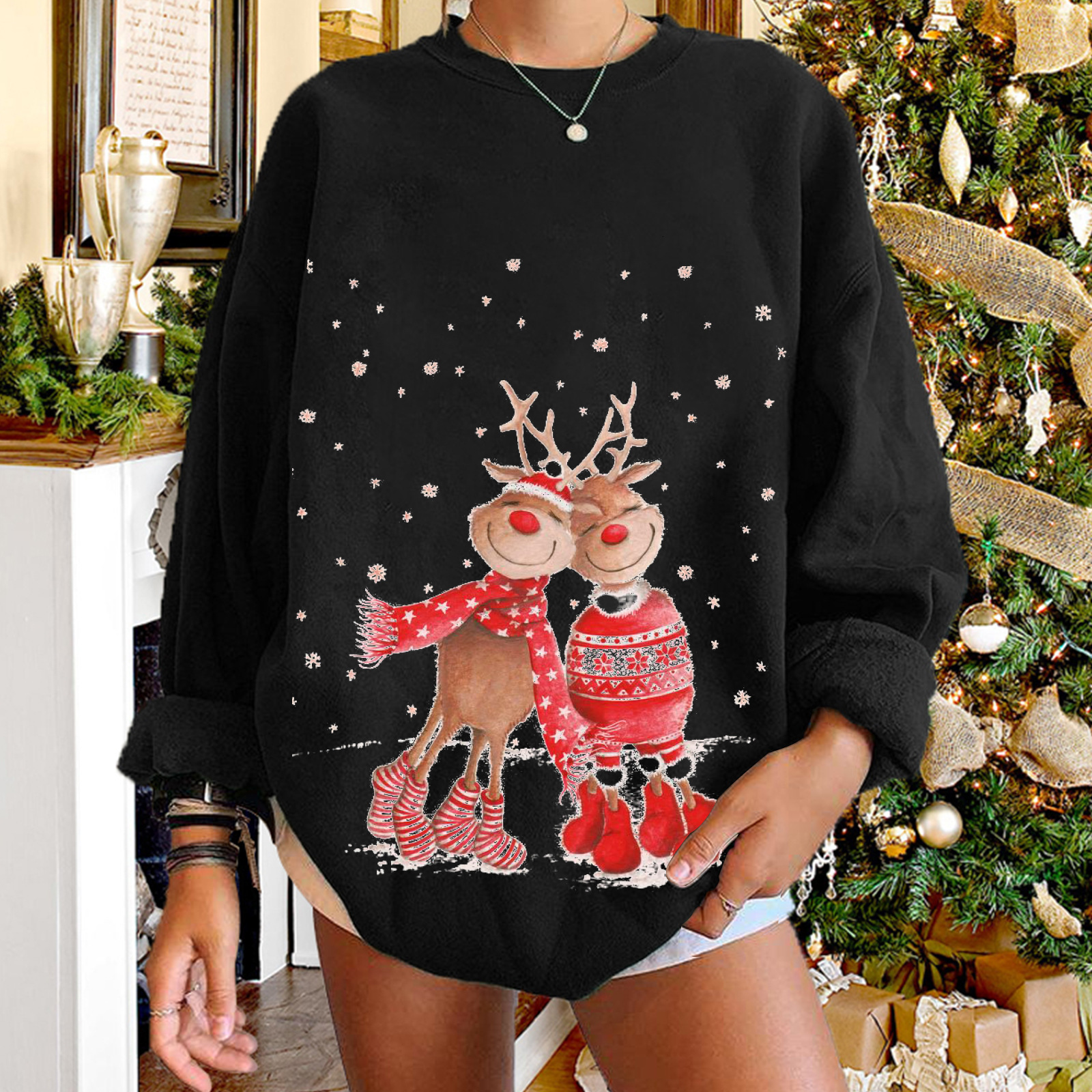 cute reindeer hoodies with printed women's shoulder down, plus size round neck fleece hoodie for women dongdumaoyi
