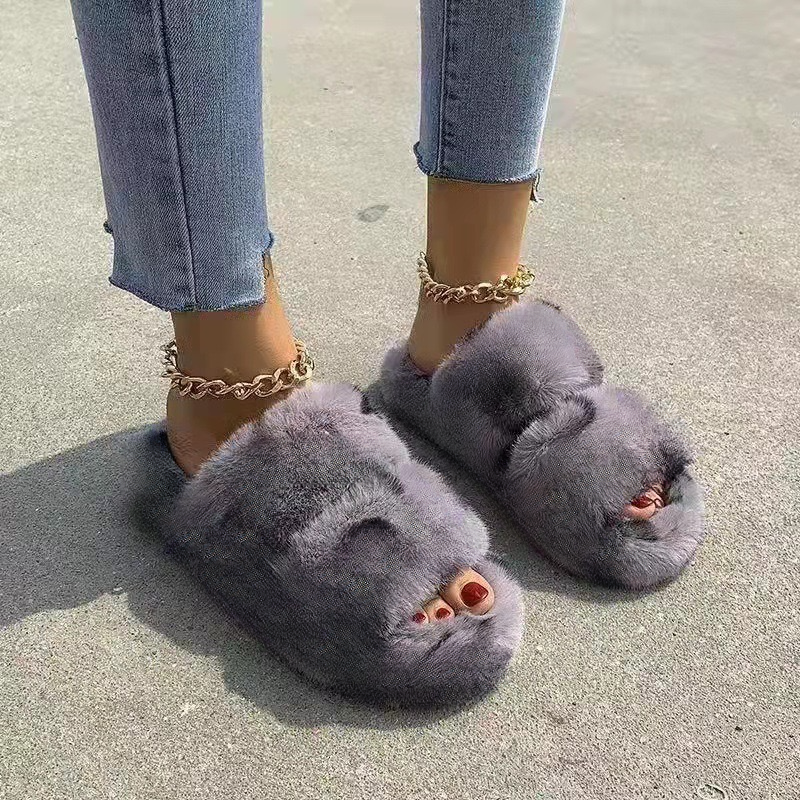 Slippers Flat Designer Shoes Eur House Full Furry Winter Indoor Fur Soft And Fluffy Plush Platform Non-Slip Heel Casual Ladies