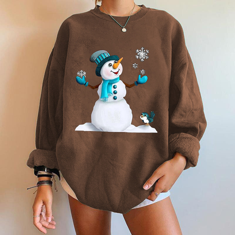 new Christmas snowman print off shoulder round neck fleece hoodie women's top dongdumaoyi