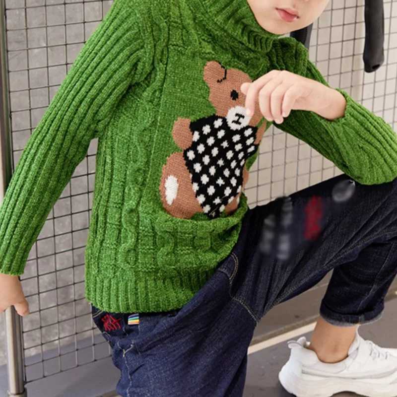 1-8 years warm and cute winter boys and girls sweater cartoon bear knit bottom turtle neck childrens birthday gift sweaterW240824