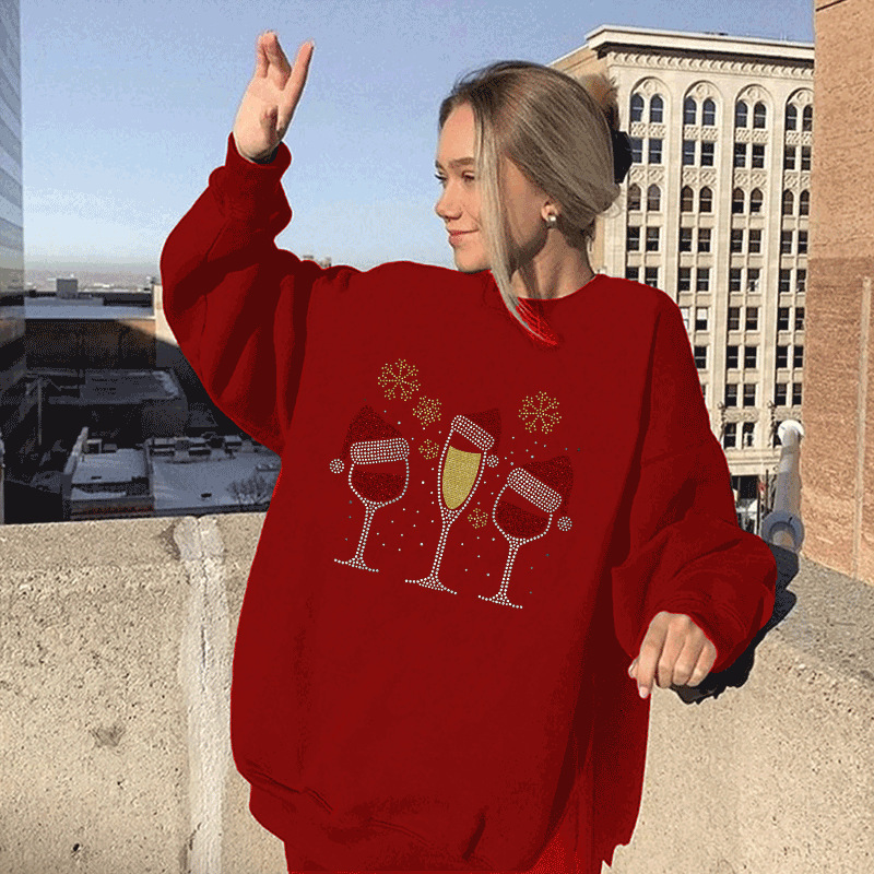 New women's with European size wine glass print round neck shoulder down sweatshirt dongdumaoyi