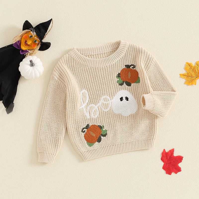 May 21 2024 Lioraitiin Preschool Boys and Girls Halloween Sweater Witch Pumpkin Belief Ghost Long Sleeve Round Neck Knitted PullflowerW240824