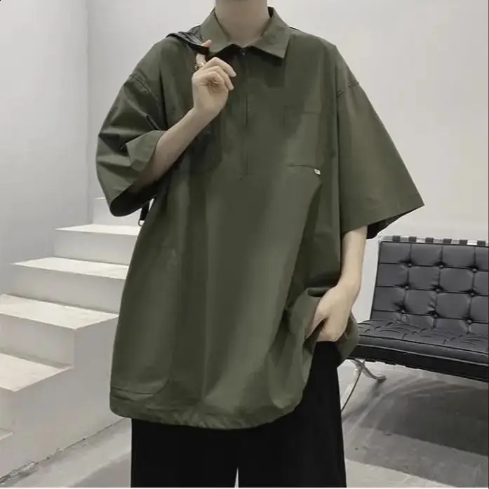 Japanese Half - Zipper Polo Shirt Mens Summer Lapel Short Sleeve t-shirt Trendy Loose Peplum Shirt Outdoor 240824