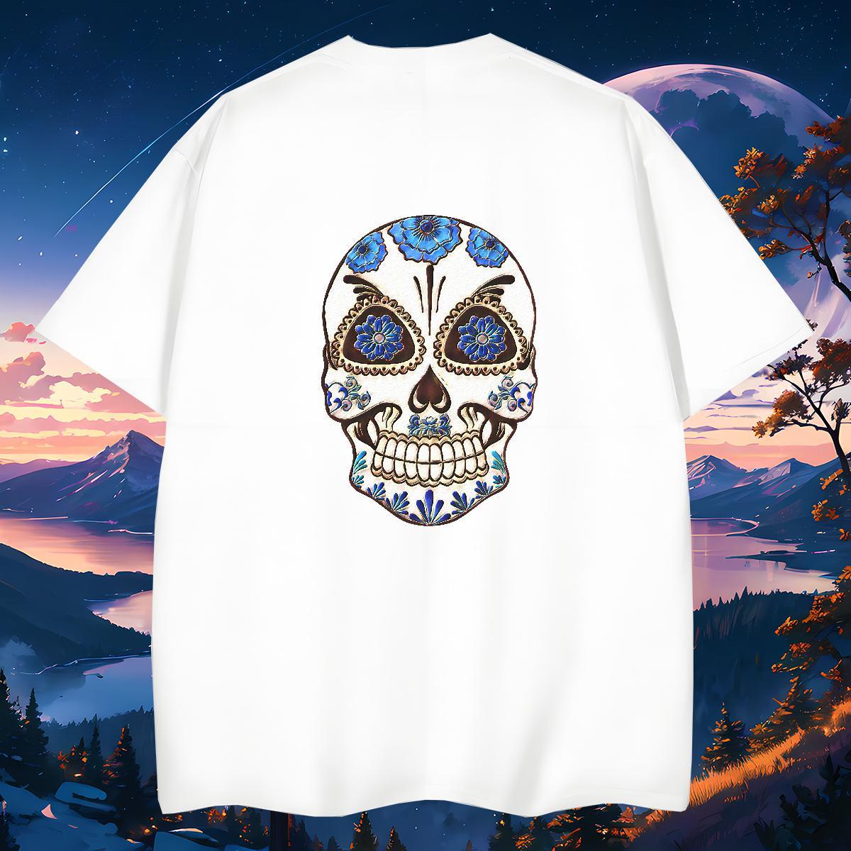 Loose Man T Shirts 100% Cotton 230g skull Hip Hop Street Cartoon Print O Neck Short Sleeves Tshirts New Arrival Tops Shirt
