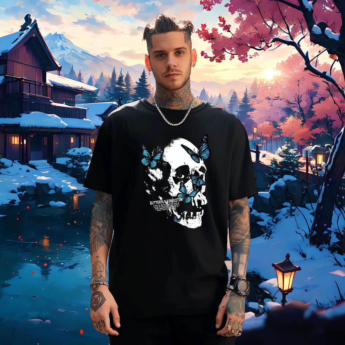 Comfortable T Shirts Men 230g Pure Cotton skull Hip Hop Street Anime Print Short Sleeve O-Neck Men Clothes T-Shirt New Arrival Top Tees