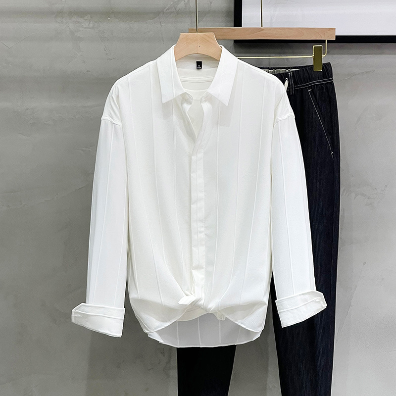 Texture Dark Stripe Light Mature Mens High-end Mens Shirt Business Casual Mens Loose Spring and Autumn Long Sleeved Shirt