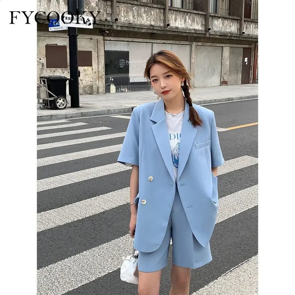 Korean Loose 2 Piece Women Short Set with Blazer Summer Thin Short-sleeved Blazers Shorts Casual Office Ladies Suits 240826