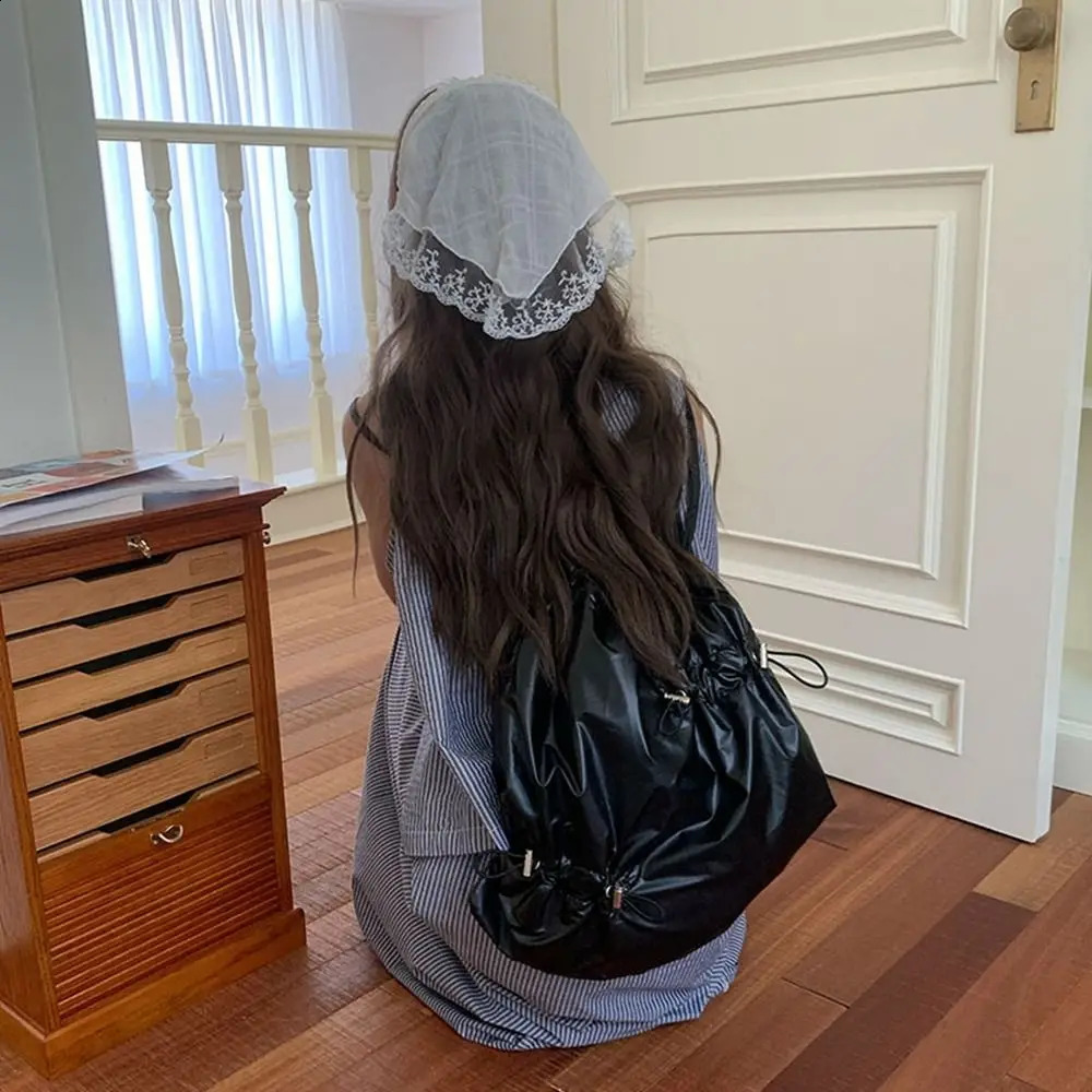 Leisure Korean drawstring backpack business folding nylon Ruched backpack niche book bag silver shoulder bag outdoor 240912