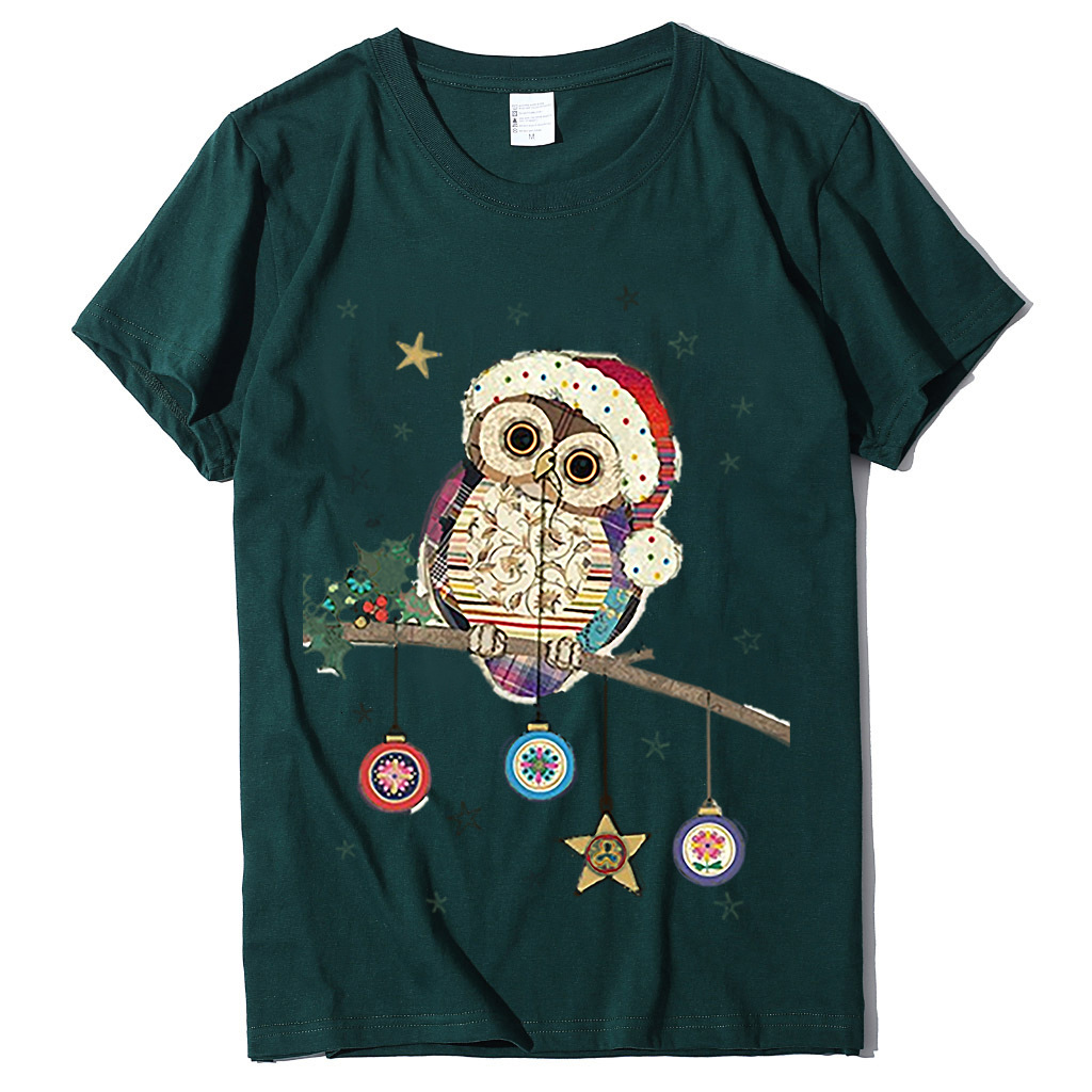 Short T-shirt for women, European size owl print T-shirt, round neck Christmas short sleeved shirt dongdumaoyi