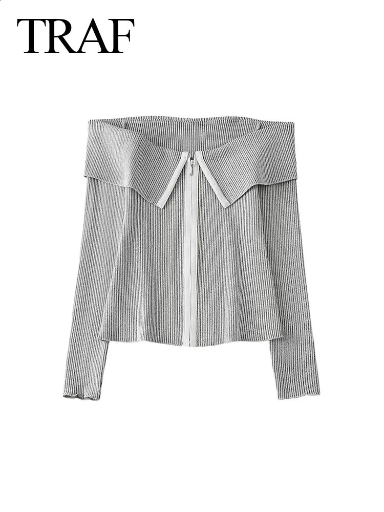 TRAF Spring Fashion Womens Cardigan Turn-Down Collar Long Sleeves Zipper Female Chic Sweater Wild Casual Woman Short Top 240826