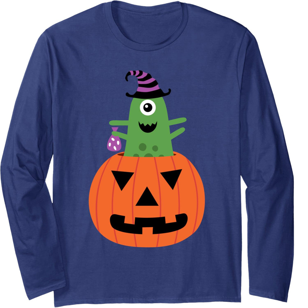 Long Sleeve Shirts for Men sweatshirt Funny Cute Cartoon Monster on Pumpkin Halloween Long Sleeve Tee Streetwear Casual tops clothes