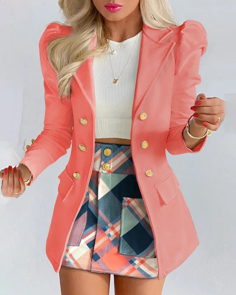 Womens Elegant Plaid Print Blazers Skirt Two Piece Set Spring Summer Fashion Long Sleeve Coat And Skirt Sets Office Ladies Suit 240826
