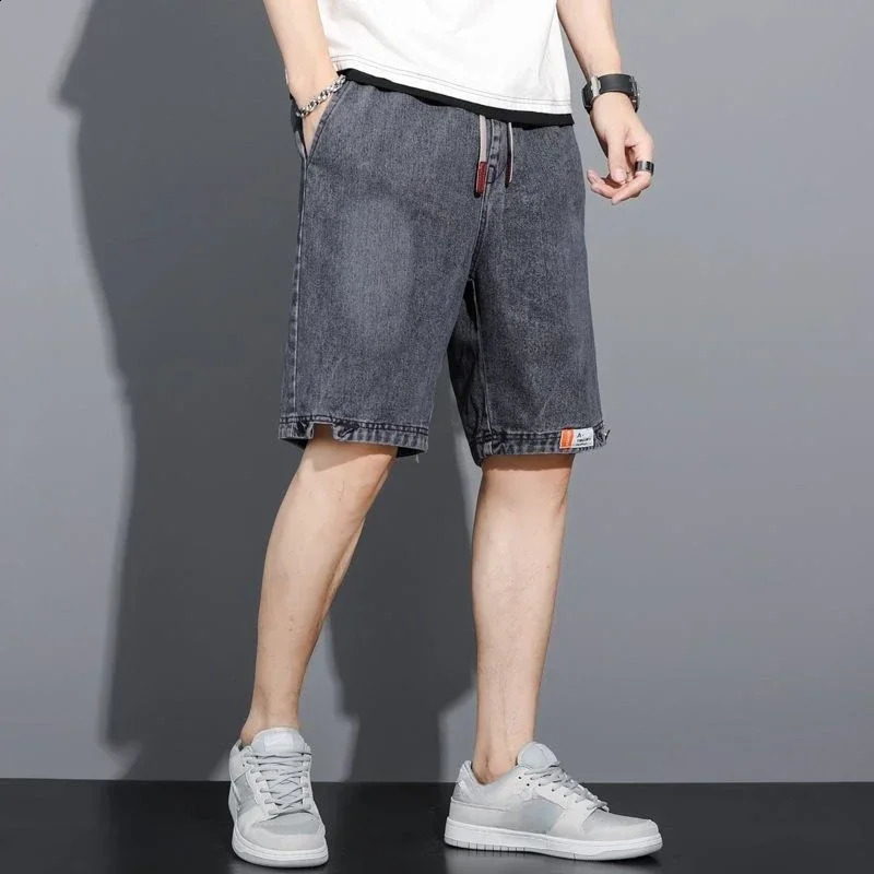 Male Denim Shorts Drawstring Graphic With Text Xl Mens Short Jeans Pants Trend 2024 Korean Style Cowboy Jorts Sale Cut 240824