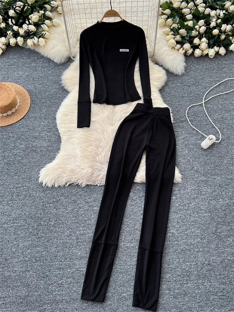 SINGREINY American Casual Sporty 2PC Suits Ladies O-Neck Letter Print Bodycon TopHigh Waist Skinny Pencil Pants Fashion Sets 240826