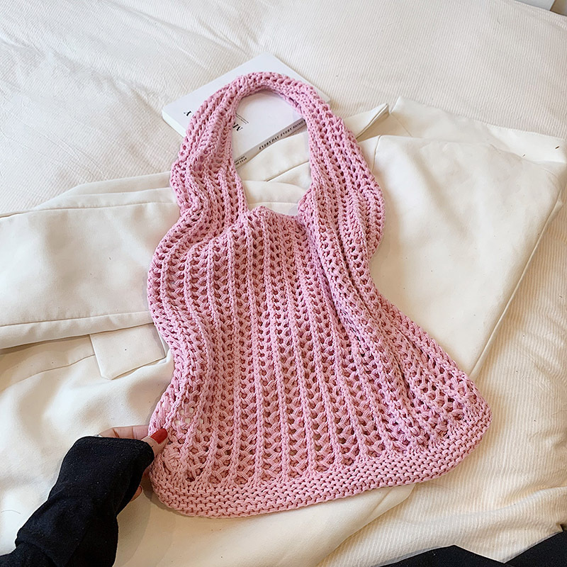 Large capacity single shoulder yarn woven bag with hollowed out tote handbag woven bag