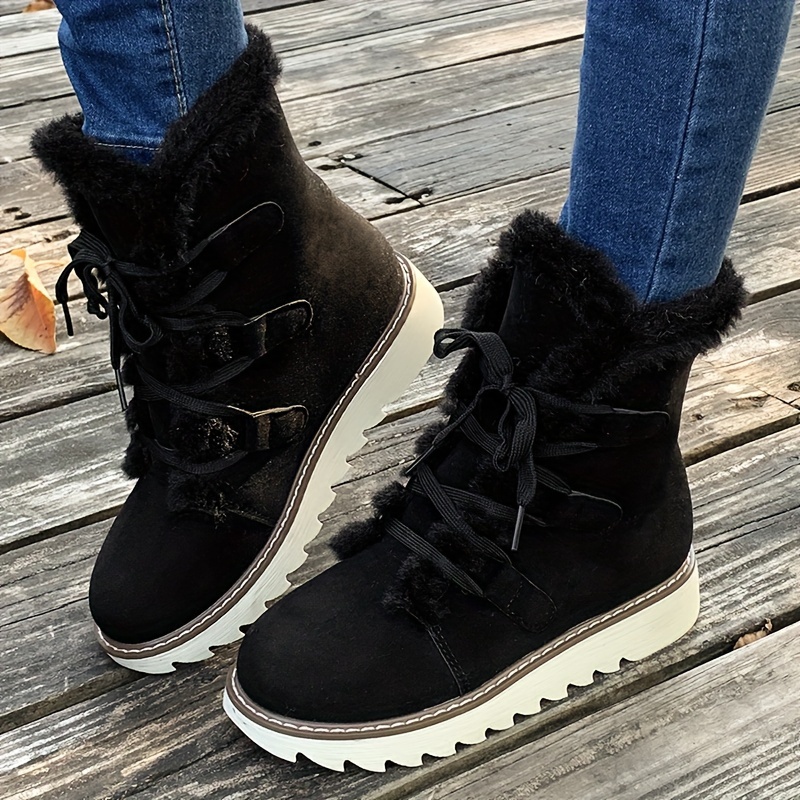 Women's Plush Lined Snow Boots, Solid Color Lace Up Outdoor Anti-Slip Boots, Winter Thermal Outdoor Mid Calf Boots