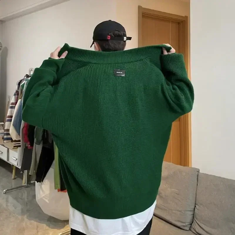 Mens clothing zipper green knitted sweater mens cardigan solid color casual jacket 240826