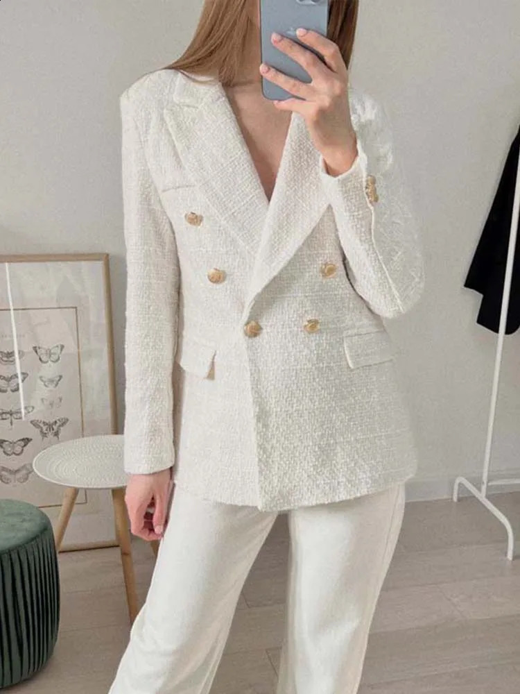 TRAF Women Blazer Jacket Fashion Double Breasted Tweed Blazers Coat Vintage Long Sleeve Female Outerwear Chic Tops 240826
