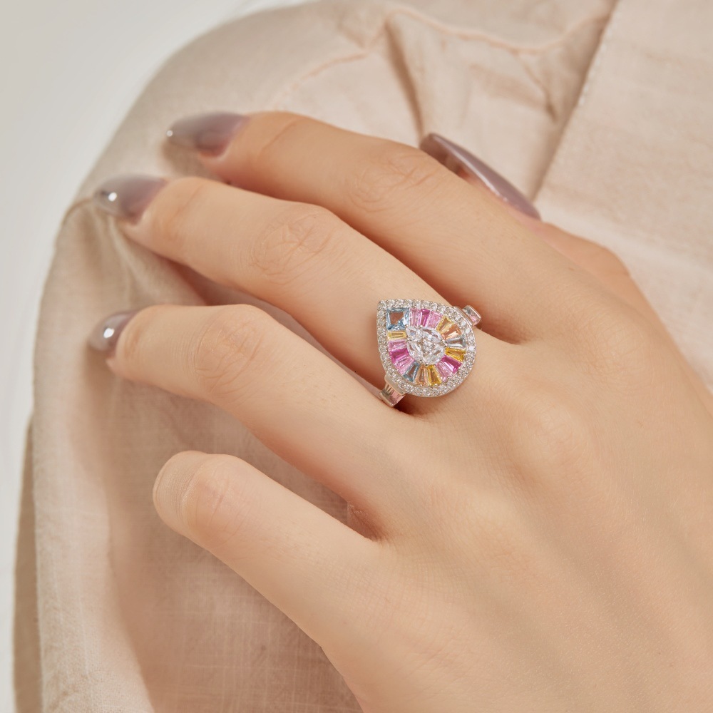 Korean version of new S sterg sier ring, water droplet shaped full color zircon inlay, urious and personalized women's bracelet