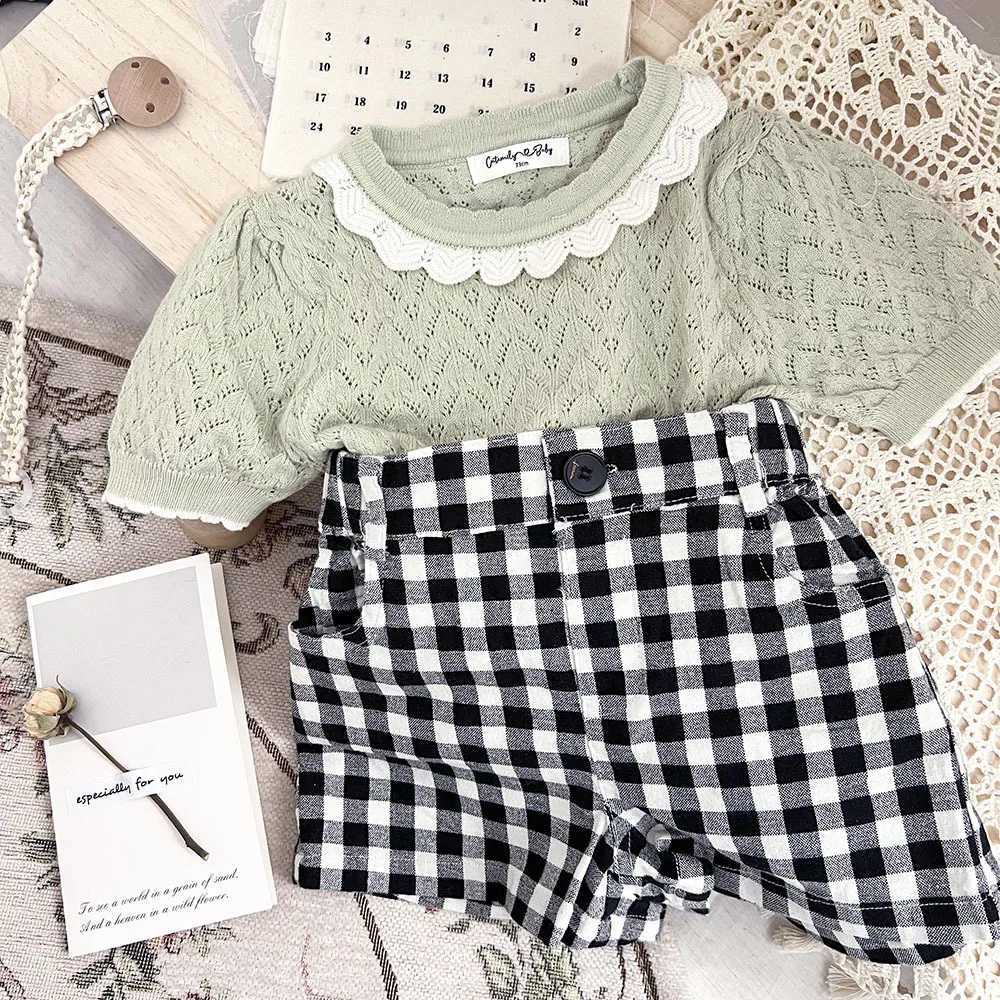 DEER JONMI 2024 Summer Baby Girl Thin Knitted Sweater Solid Color Short Sleeve Korean Style Toddler Pulley TopW240824