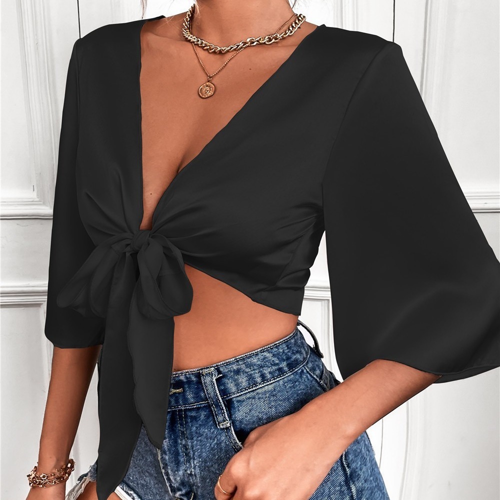 Womens Hot Selling V-neck Tied Open Chest Short Shirt