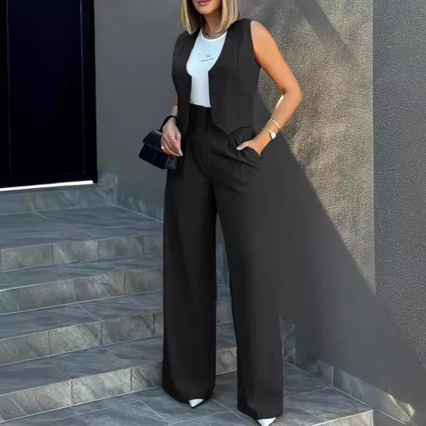 Women OL Blazer Pant Sets 2 Pieces Casual Slim Notched Cardigan Blazer Waistcoat High Elastic Pocket Wide Leg Trousers Suits 240826