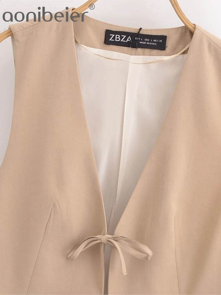 Aonibeier Elegant Bow Lace Up Women Waistcoat Traf 2024 Autumn V Neck Hollow Out Sleeveless Slim Jacket Crop Top Blazer Vest Y2K 240826