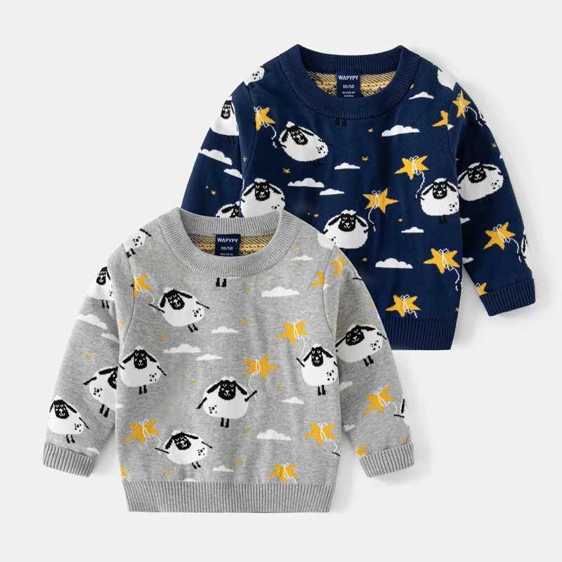 Autumn Winter Children Boys Zipper Cartoon Sheep Printed Long Sleeve Baby Boys Sweater Sweet Round Neck Warm Preschool Boys TopW240824