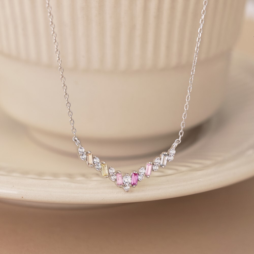 Japanese and Korean Light Series S Pure Sier collarbone Chain V-shaped Full Zircon Colorful Design Feeling Women's Necklace Batch